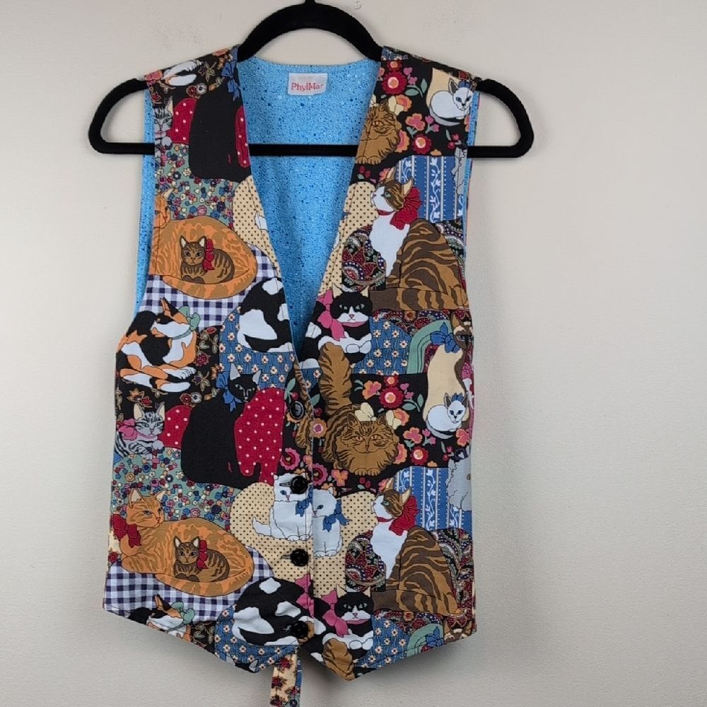 PhylMar Colorful Cat Pattern Button Front Vest Cotton Size M